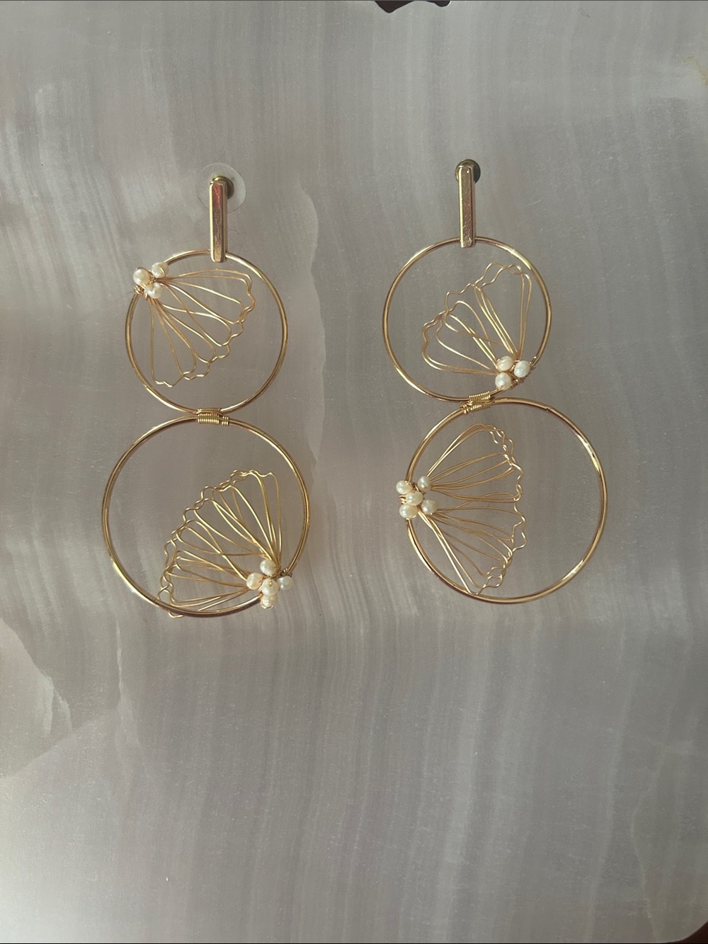 Anthropologie Gold Double Hoop Fan Pearl Drop Earrings
